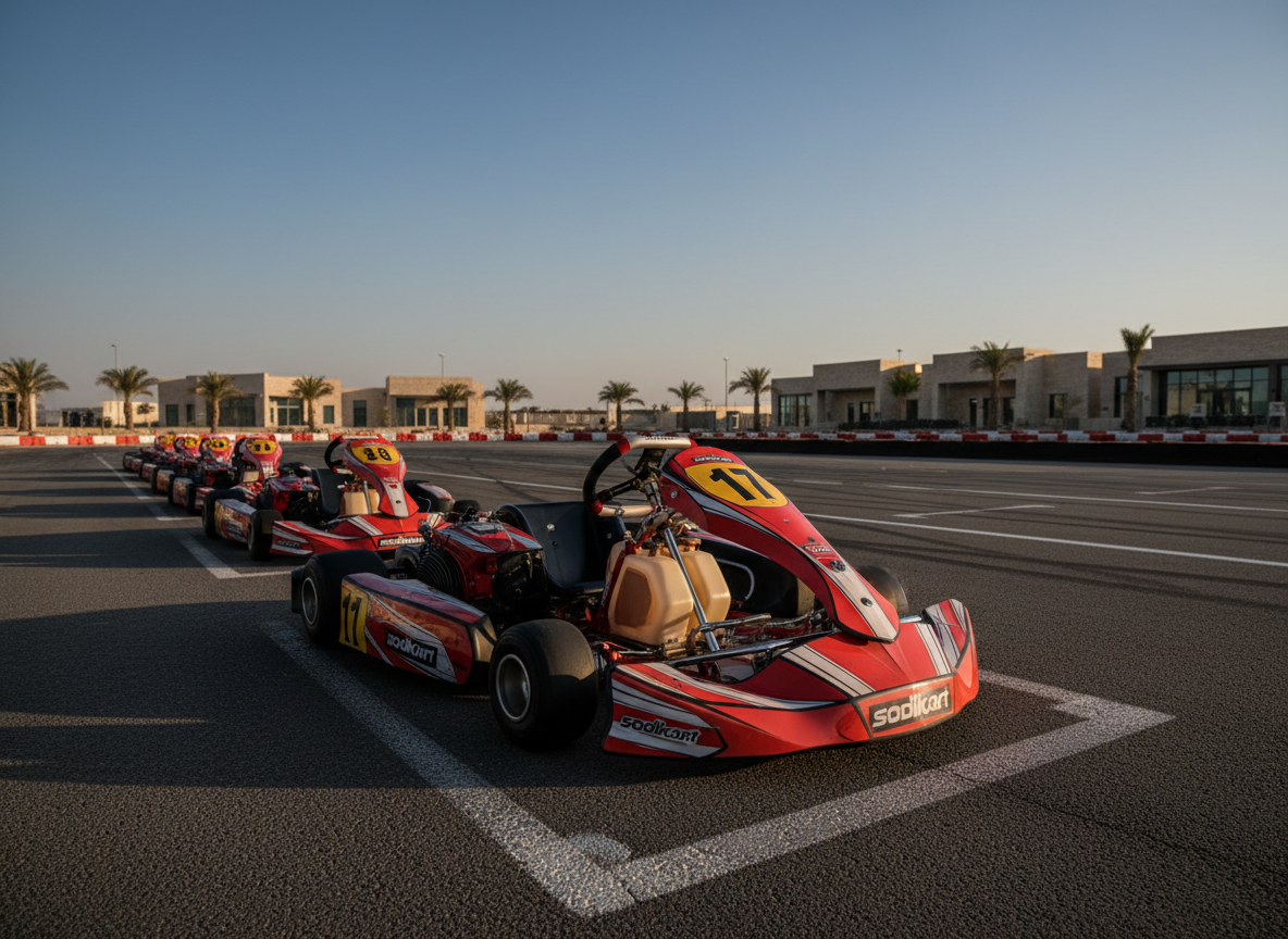 A row of high-performance rental racing karts lined up precisely on a pristine outdoor karting circuit in the UAE, each chassis clean and gleaming with vivid red and black bodywork and visible Sodikart components. The asphalt surface shows subtle rubber marks and painted grid lines. In the distance, low desert buildings and palm silhouettes sit beneath a clear blue sky. Late afternoon golden sunlight creates crisp highlights on the karts’ fairings and gentle shadows stretching behind them. Photographic realism, shot from a low, wide-angle front perspective for a dynamic, professional feel, with sharp focus on the first kart and a gradual falloff into a soft, slightly blurred background, conveying precision, speed, and premium motorsport professionalism without any people present.