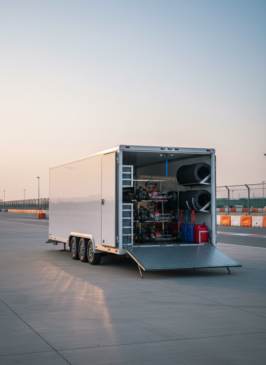 A sleek, photographic side view of a branded race support trailer parked on a clean paddock surface beside a kart circuit in the GCC, its rear doors open to reveal immaculately arranged kart chassis, labeled parts bins, tire racks, and fuel containers secured in place. The trailer’s exterior is a neutral, glossy white with subtle reflections of nearby barriers and track fencing. Early morning light creates long, soft shadows and a gentle gradient in the sky, giving a fresh, ready-for-action feeling. Shot at eye level with a wide lens to capture both the interior organization and surrounding paddock, the composition is balanced and uncluttered. The atmosphere conveys reliability, professionalism, and premium logistics support, with no people, logos, or text present.