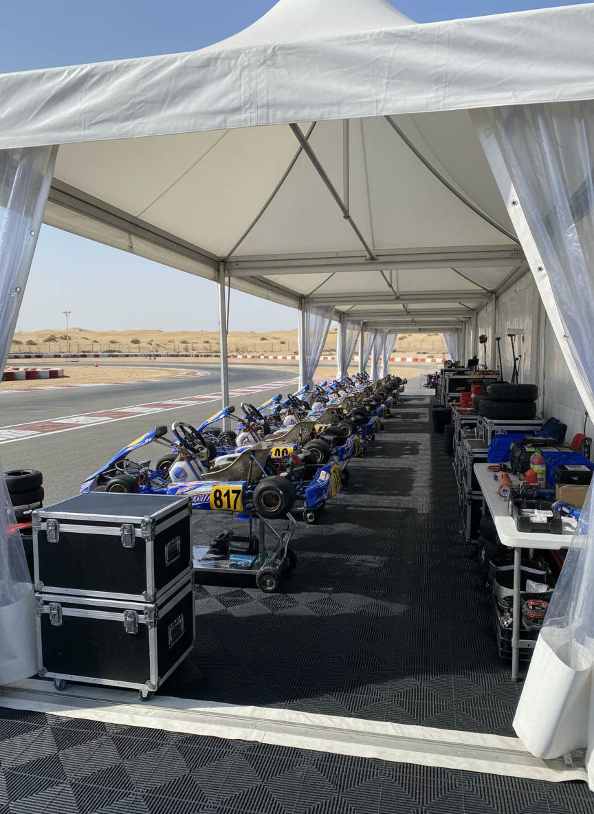 A meticulously organized paddock setup at a Gulf-region karting event, featuring neat rows of racing karts on stands, labeled equipment crates, and stacked spare Sodikart parts arranged on clean work tables. The area is covered by sleek white paddock awnings, with the track and desert landscape visible just beyond. Bright midday sunlight filters through the sides of the tents, creating soft, diffused illumination inside and clear, defined shadows at the edges. Photographic realism, captured from a slightly elevated three-quarter angle so the layout of the logistics area is clearly visible. The mood is efficient, controlled, and ultra-professional, with crisp details and vibrant yet balanced colors, and no human figures or text anywhere in the scene.