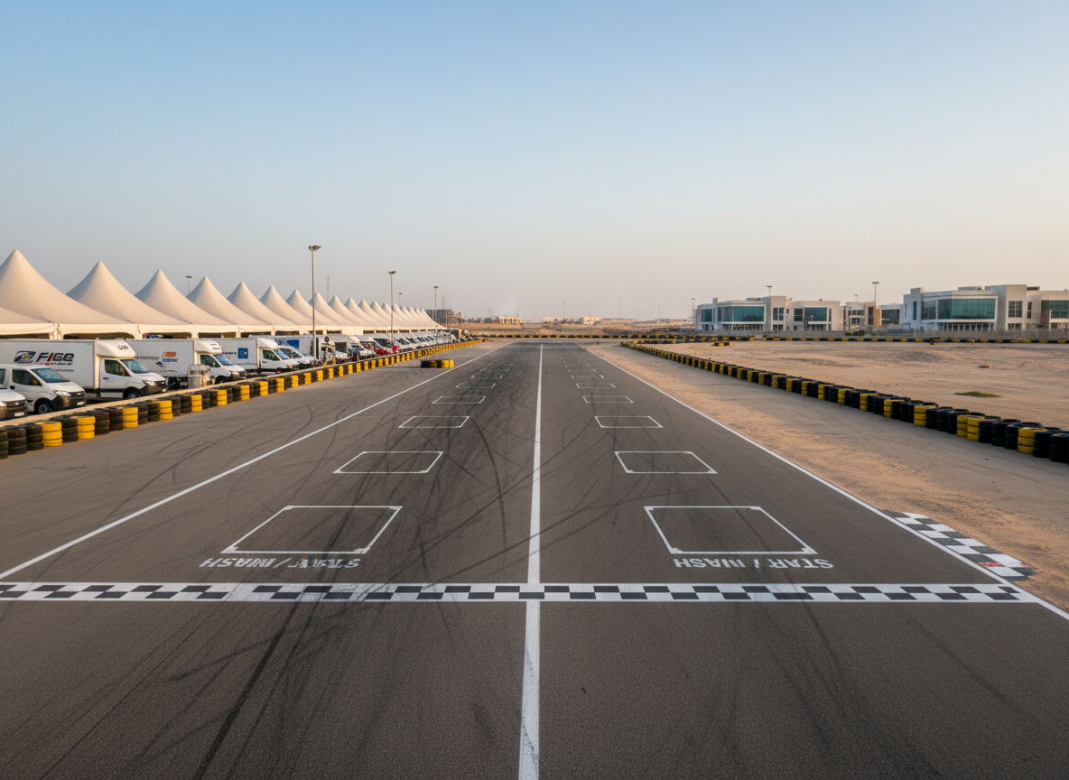 A long, photographic telephoto view down the main straight of a professional kart circuit in the GCC, the track surface showing subtle rubber build-up and clean white start-finish markings. On one side, a sequence of paddock tents, lined transport vans, and stacked tire barriers suggest a full-service race support operation. The surrounding landscape shows warm-toned desert and sparse modern buildings under a clear sky. Late afternoon light creates a gentle haze at the far end of the straight, adding depth and a sense of distance. The composition uses leading lines from the track edges to draw the eye through the image, with everything in crisp focus. The mood is fast, focused, and aspirational, conveying the scale and professionalism of regional kart racing logistics without any people visible.