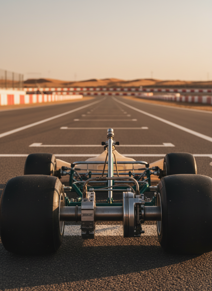 A dramatic, photographic low-angle shot from just behind the rear bumper of a race-prepped kart on the starting grid, focusing on the wide slick rear tires, detailed rear axle assembly, and visible Sodikart brake components. Ahead, the track stretches toward a series of sweeping corners, bordered by modern barriers and low desert scenery typical of the UAE. The image is captured during golden hour, with warm sunlight glinting off metal parts and casting strong, directional shadows that emphasize form and texture. The composition uses a shallow depth of field so the rear assembly is razor sharp while the grid markings and distant corners blur gently. The mood is tense, focused, and ultra-professional, highlighting performance and race readiness without any drivers or team members visible.