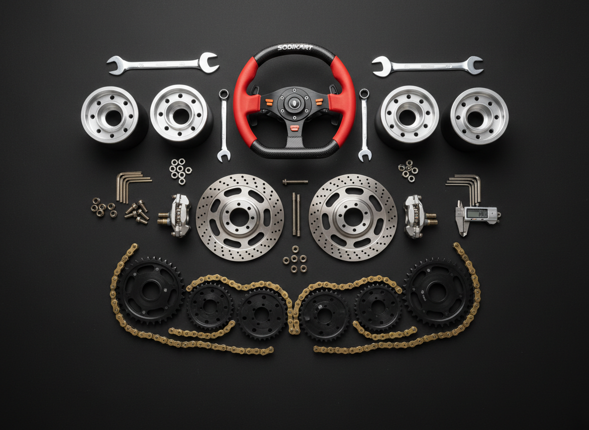 An ultra-clean, photographic overhead shot of a kart racing parts layout on a matte black work surface, featuring neatly arranged Sodikart components: steering wheel, hubs, brake discs, sprockets, chains, nuts, and bolts, all symmetrically positioned with precise spacing. Small accent tools and a digital caliper add to the technical atmosphere. Soft, diffused studio lighting from above eliminates harsh shadows and brings out the metallic sheen and surface textures of each part. The composition is perfectly centered and highly organized, with sharp focus across the entire frame. The mood is meticulous, technical, and premium, reflecting high-level motorsport support and logistics planning, with no human elements or text present in the scene.