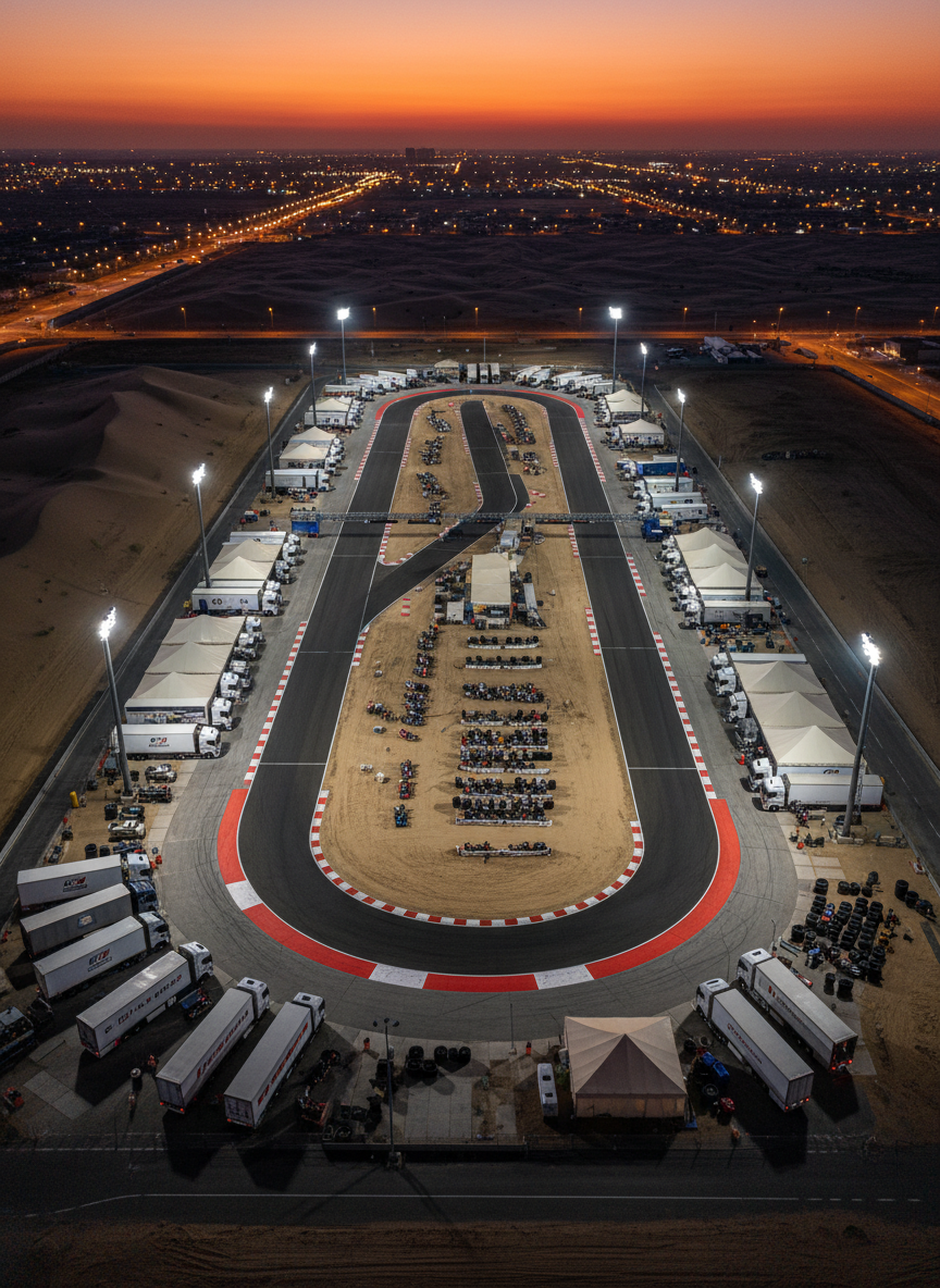 An expansive bird’s-eye, photographic view of a modern kart racing circuit in the UAE at dusk, featuring a flowing layout of smooth asphalt, bright red-and-white kerbs, and a busy paddock area densely filled with transport trucks, awning structures, and rows of karts and equipment. Surrounding the facility, desert sand and low urban lighting hint at the GCC setting. Stadium-style floodlights cast an even, cool glow over the track, contrasting with the warm hues of the sunset on the horizon. The composition emphasizes the overall logistics ecosystem, with sharp detail throughout and a clean, professional aesthetic. The mood is ambitious and high-energy yet controlled and organized, with no visible human figures or readable branding anywhere.