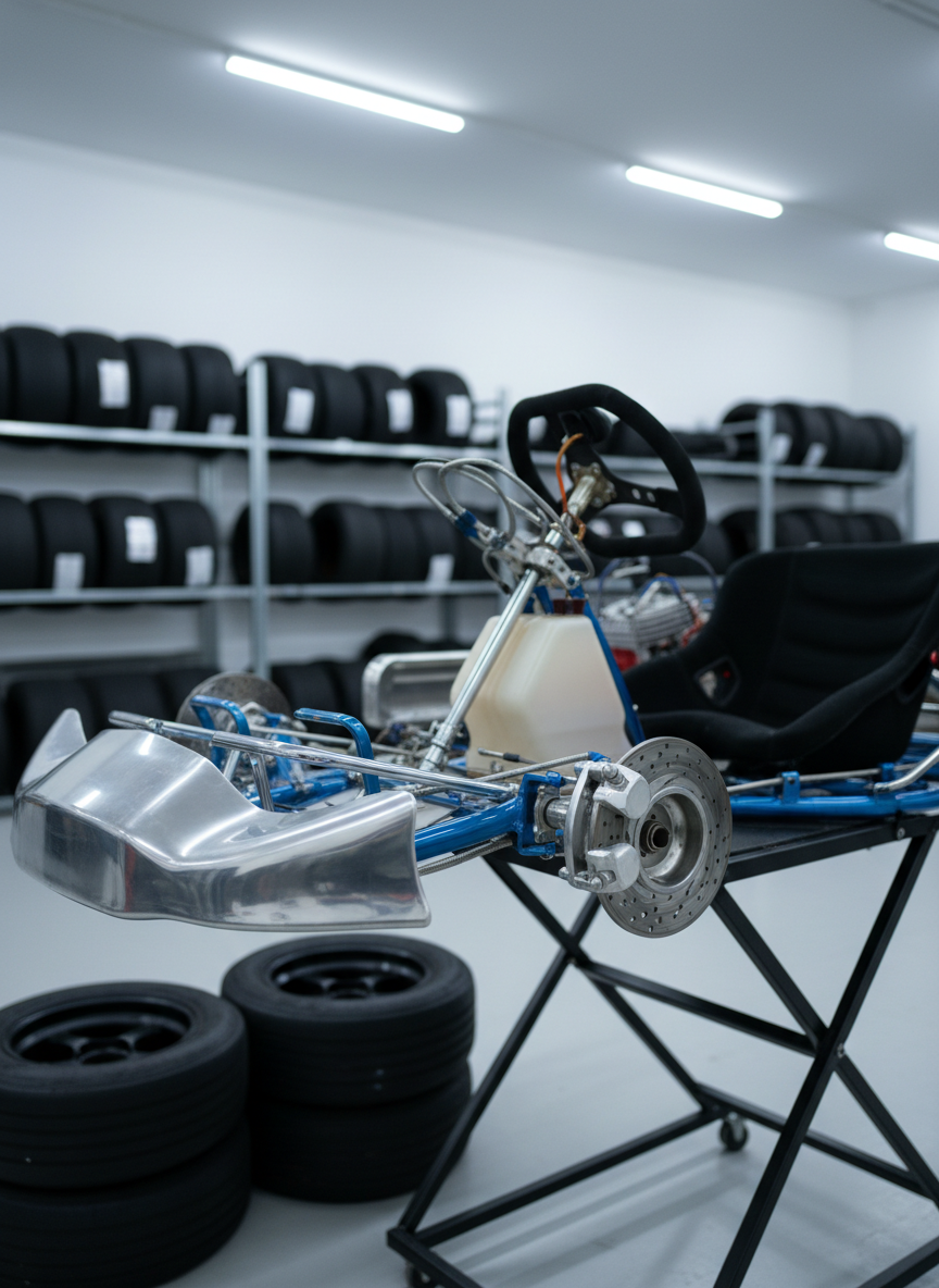 A close-up, photographic image of a single competition kart chassis mounted on a stand in a spotless indoor storage facility, highlighting clean Sodikart components, polished metal tubing, braided brake lines, and neatly arranged wheels nearby. The kart’s seat and steering wheel show subtle texture, with racing slicks stacked precisely in the background. Cool, even LED overhead lighting creates consistent illumination with soft reflections on metal surfaces and minimal shadows. The composition uses a shallow depth of field, focusing sharply on the front hub and brake assembly while the rest of the storage racks fade into a tasteful bokeh. The atmosphere is technical, precise, and premium, emphasizing high-quality parts and professional preparation without any people or logos present.